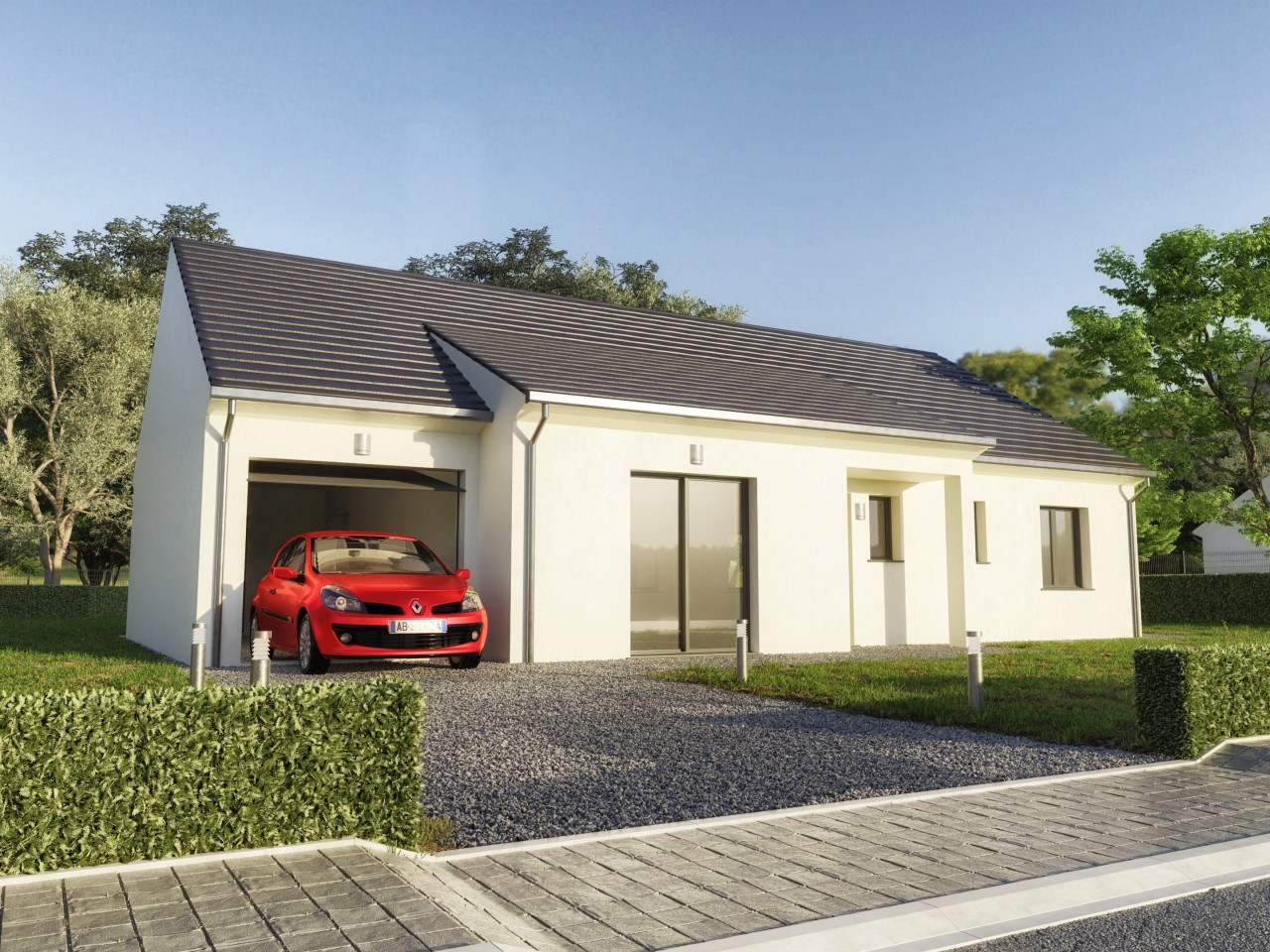 Construire maison modele 2 pans coyau porche garage integre cellier